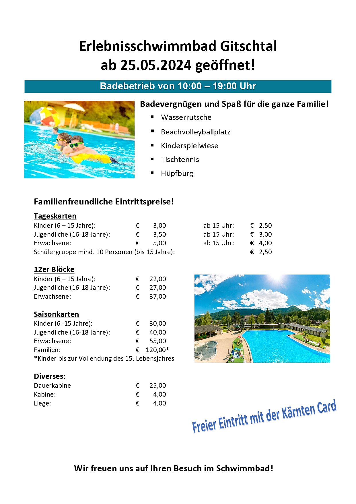 Preisliste Schwimmbad Weißbriach im Gitschtal